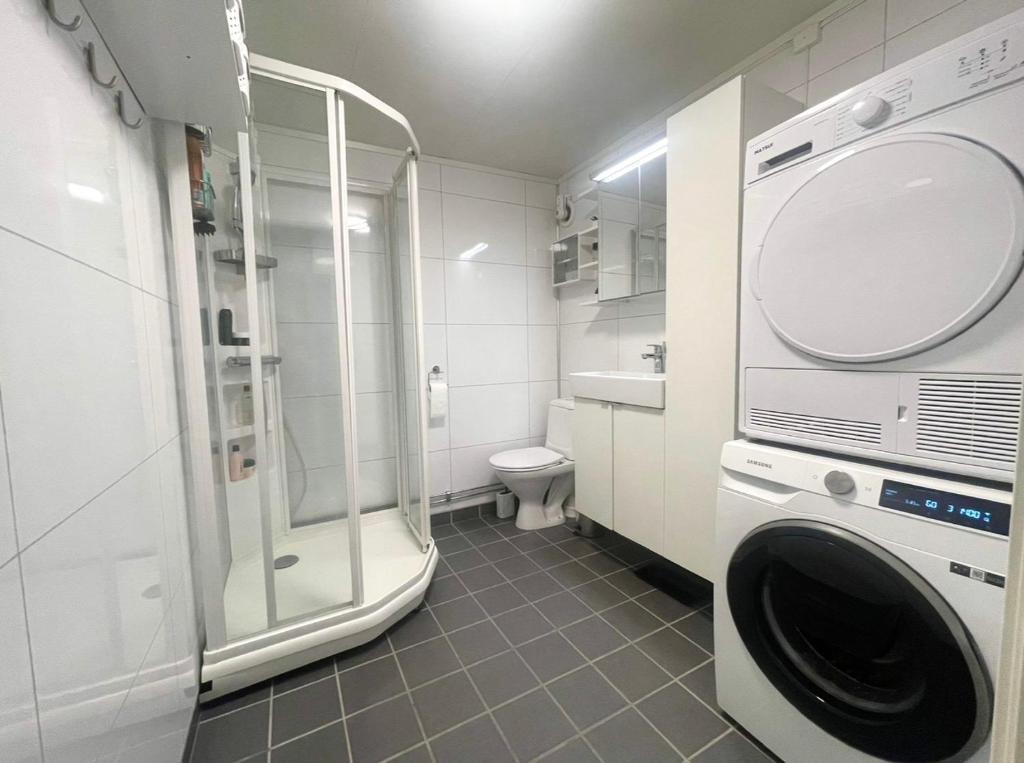 特罗姆瑟Cozy 2-Bed Apartment on the top of Tromsø!的一间带洗衣机和卫生间的浴室