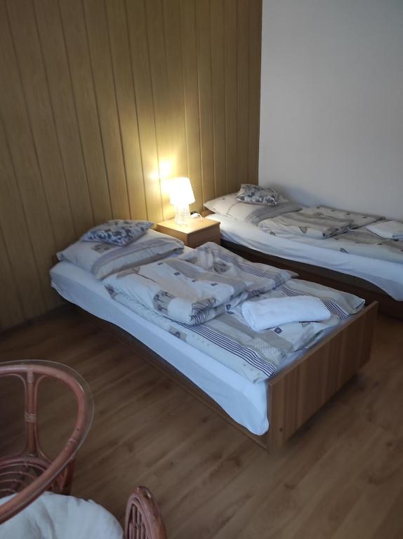 ŻegiestówAgroturystyka u Zosi的配有一张桌子和一盏灯的客房内的两张床