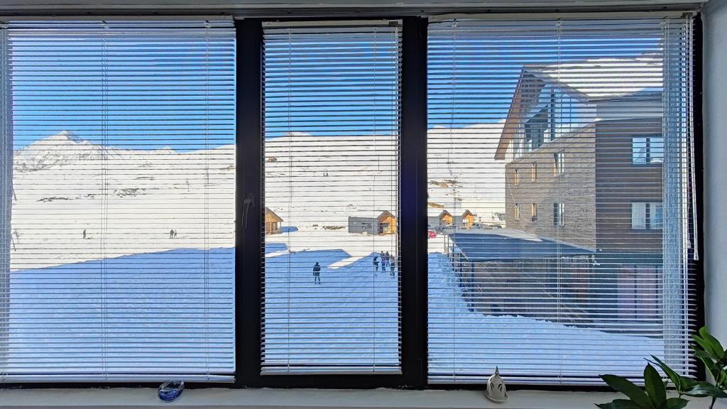 古多里GVC 210 New Gudauri Mountain View的窗户享有雪覆盖的庭院的景致。