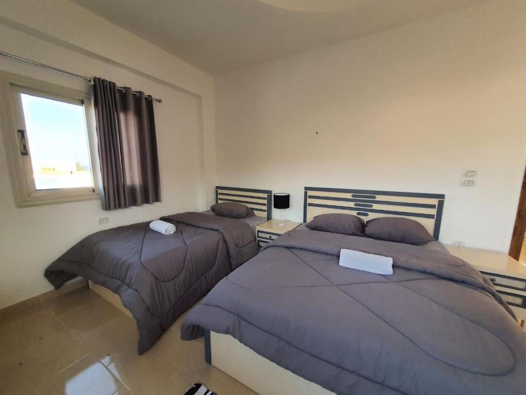 达哈布Al Deira Dahab Residence的一间卧室设有两张床和窗户。