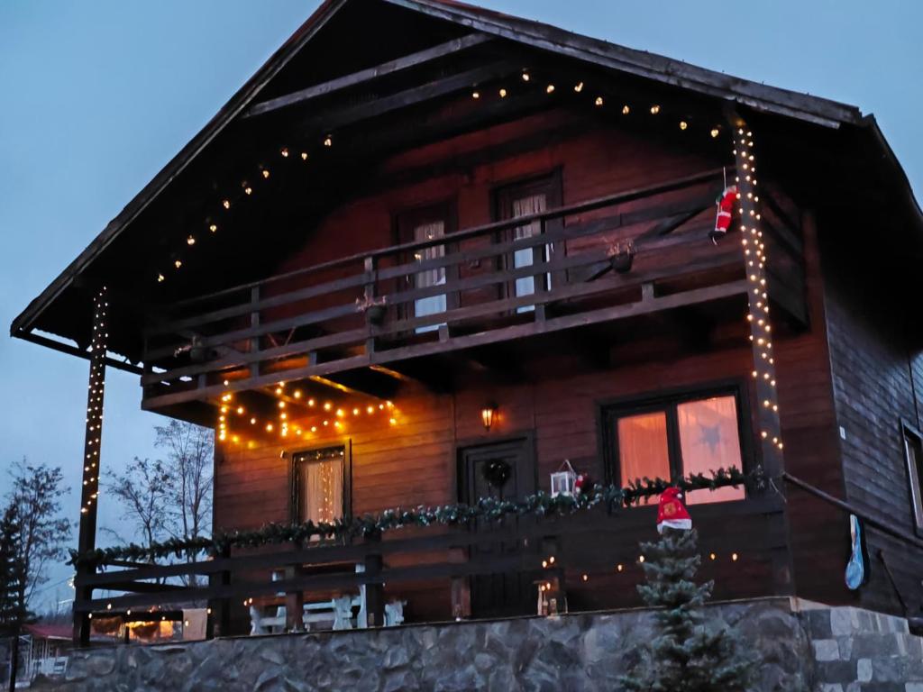 科瓦斯纳The Wooden Nest -Covasna的小木屋配有圣诞灯