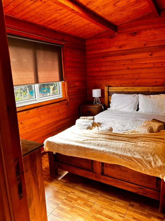卡佩拉什Vila Emigrante的木制客房内的一间卧室,配有一张床