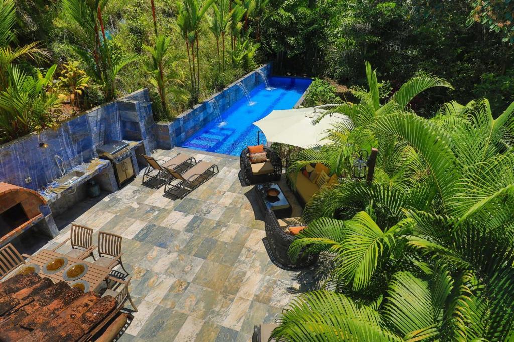 奎波斯城Villa with jungle view & pool near Manuel Antonio的享有棕榈树游泳池的顶部景致