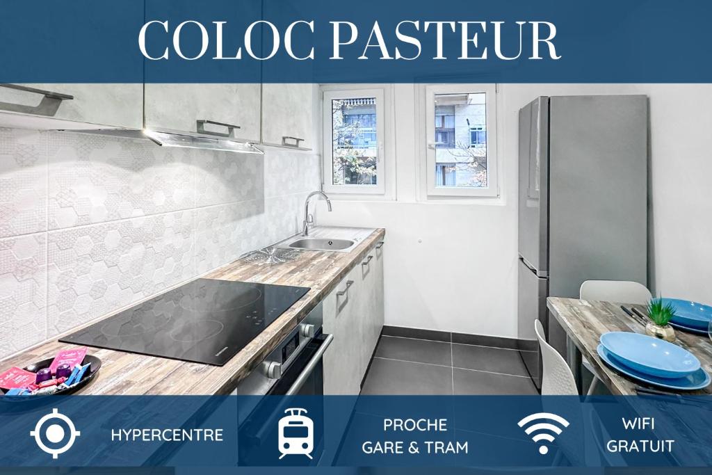 安纳马斯COLOC PASTEUR - Belle colocation de 3 chambres - Hypercentre - Proche Gare et Tram - Wifi gratuit的厨房配有水槽和冰箱