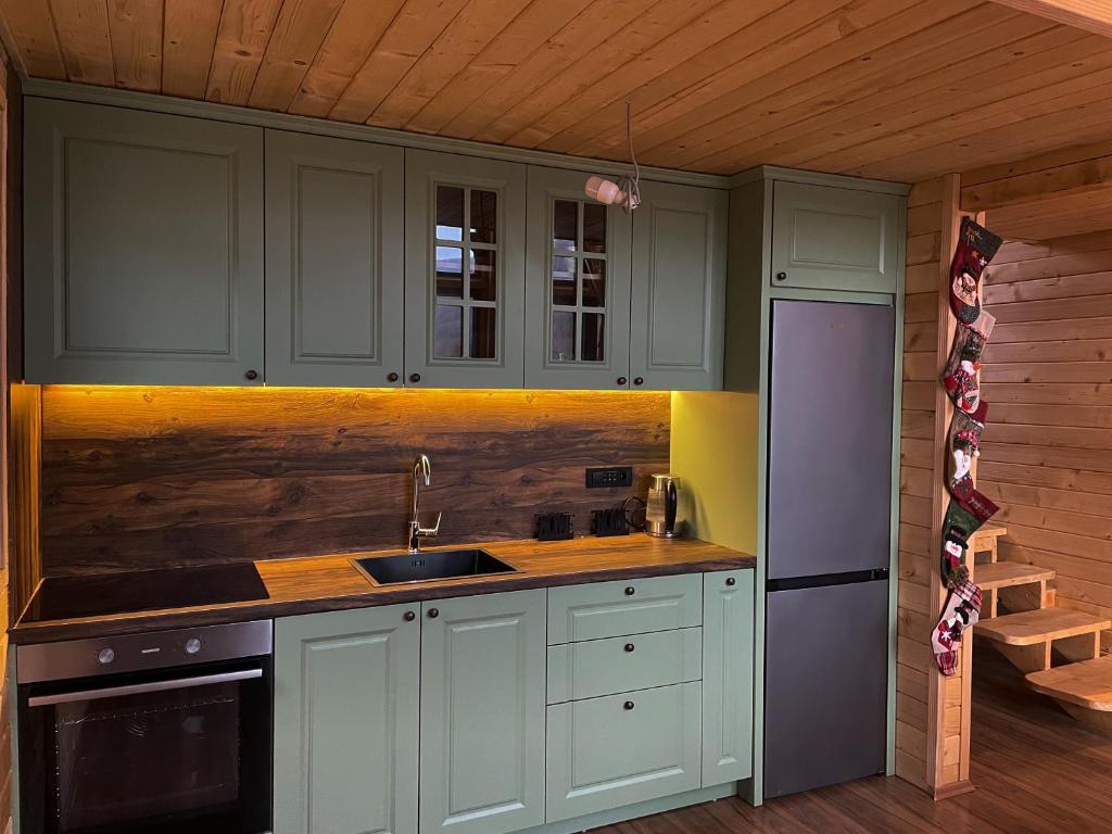 普里什蒂纳Shpija e Liqenit的厨房配有绿色橱柜、水槽和冰箱。