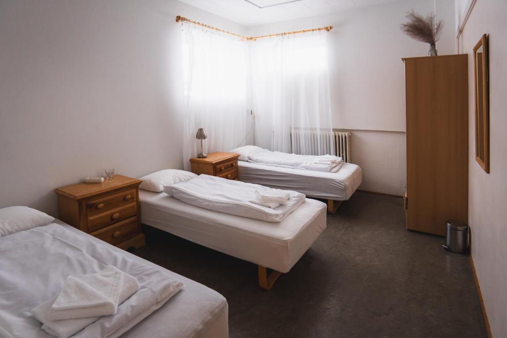 SkjöldólfsstaðirStudlagil INN Hostel的带三张床和窗户的客房