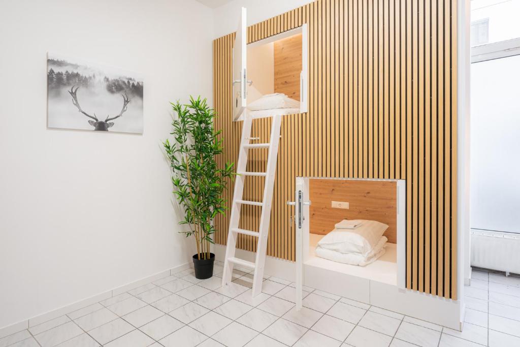 维也纳Robin Wood Apartment的客房设有带梯子的双层床。