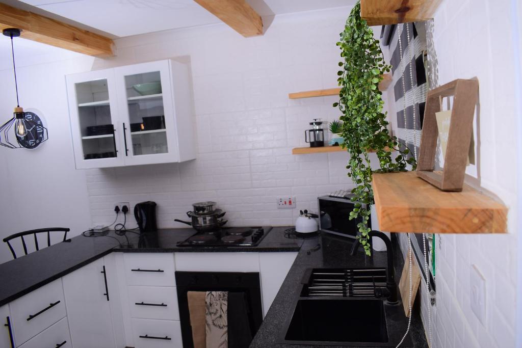 OtseKanana Villas的厨房配有白色橱柜和黑色台面