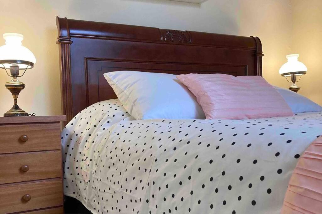 贝洛奥里藏特Casinha do Prado, conforto vintage, ar condicionado的一张带两盏灯和两个枕头的床