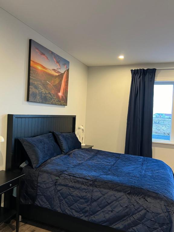 塞尔福斯Nyibaer studio apartment的一间卧室设有蓝色的床和窗户。