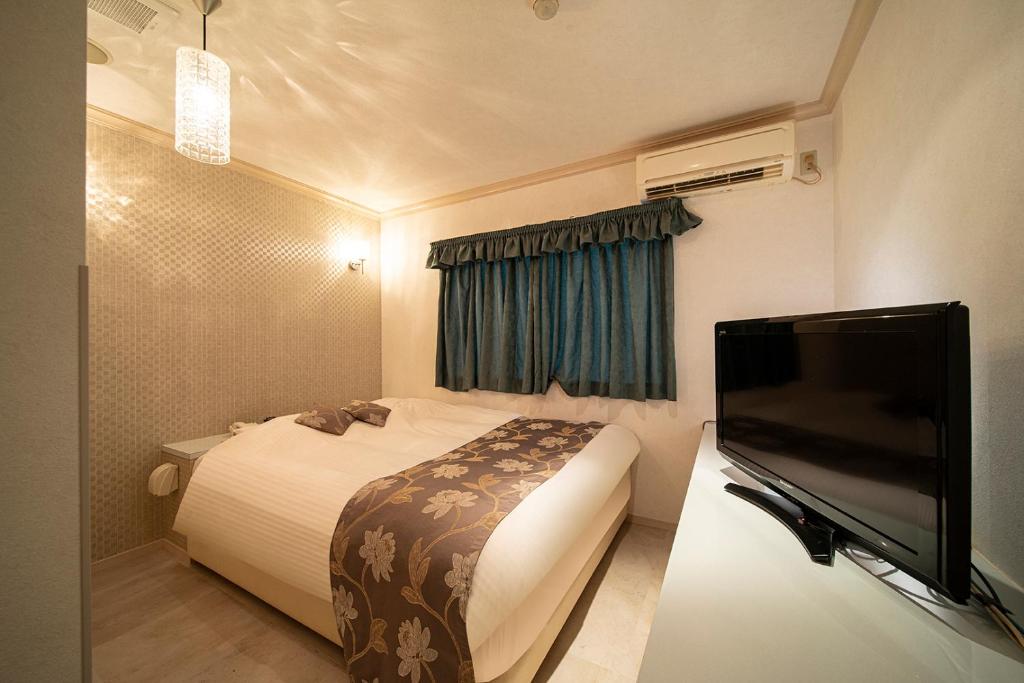 神户ホテル リベラル 男塾ホテルグループ的配有一张床和一台平面电视的酒店客房