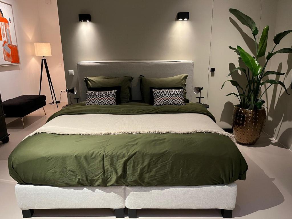 阿姆斯特丹B&B Urban Oasis的一间卧室配有一张带绿色棉被的大床