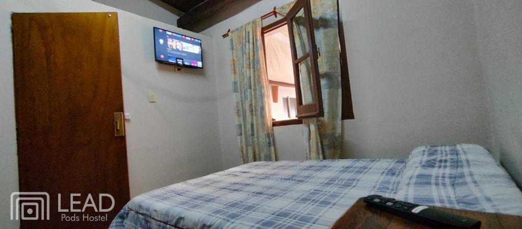 萨尔塔LEAD Pods Hostel的卧室配有一张床,墙上配有电视。