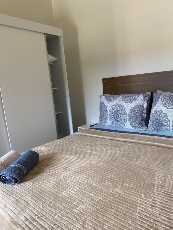 弗洛里亚诺波利斯Apartamento encantador cachoeira的一间卧室配有一张带蓝色枕头的床