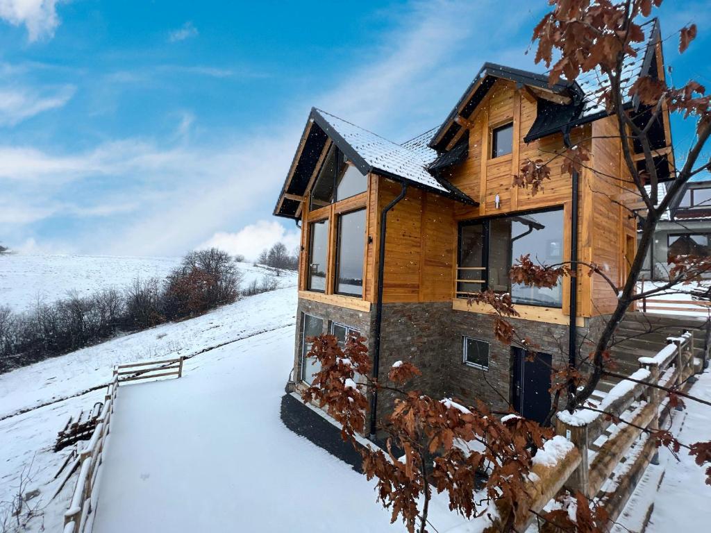 兹拉蒂博尔LUX PINE house的雪中带彩虹的木屋