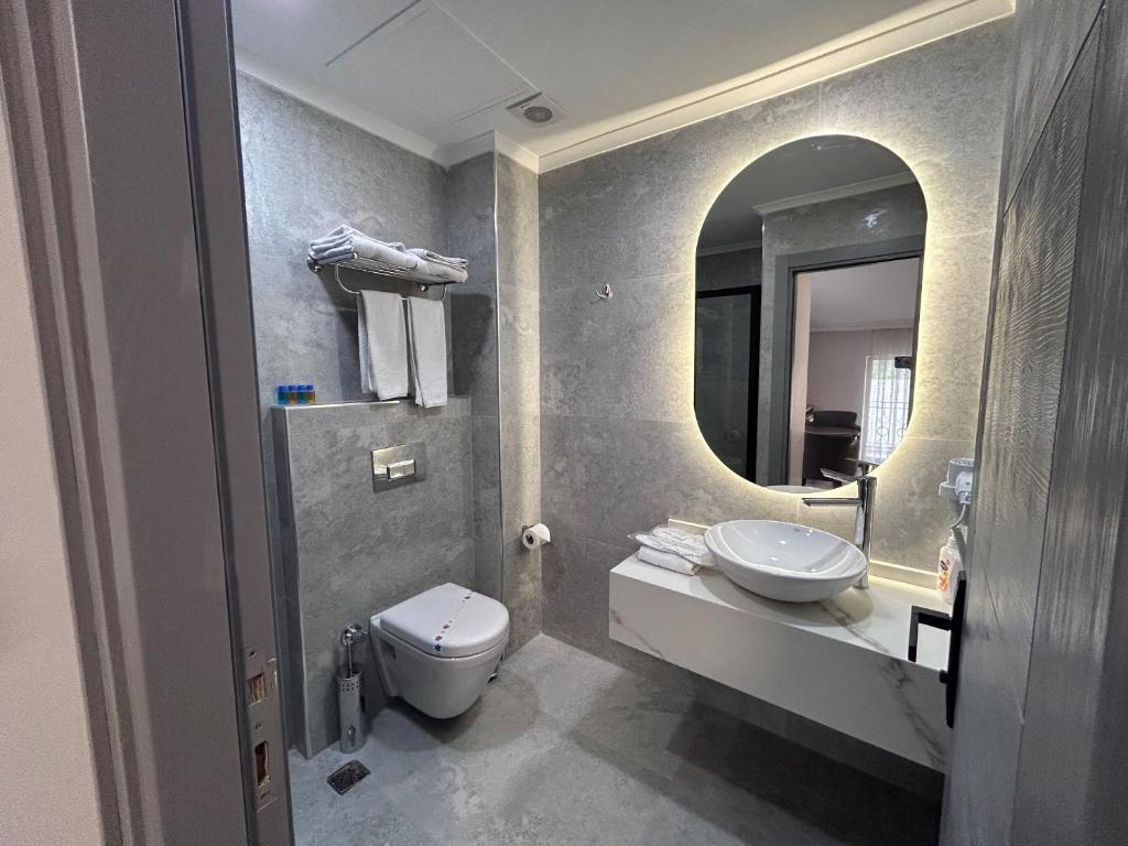 伊斯坦布尔畔迪克海洋酒店的一间带卫生间、水槽和镜子的浴室