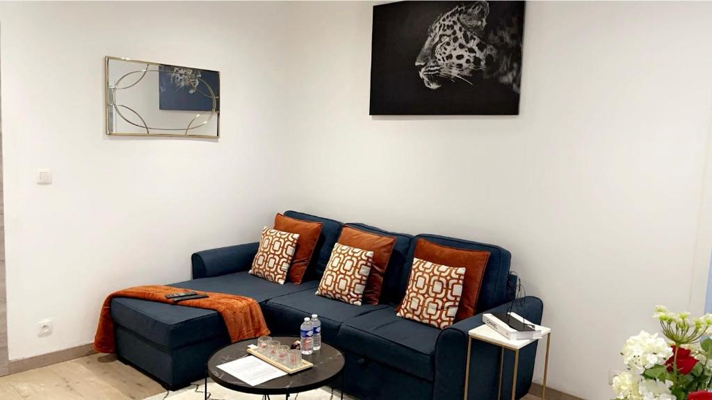 布鲁塞尔Calme, agréable et fonctionnel的客厅配有带枕头的蓝色沙发