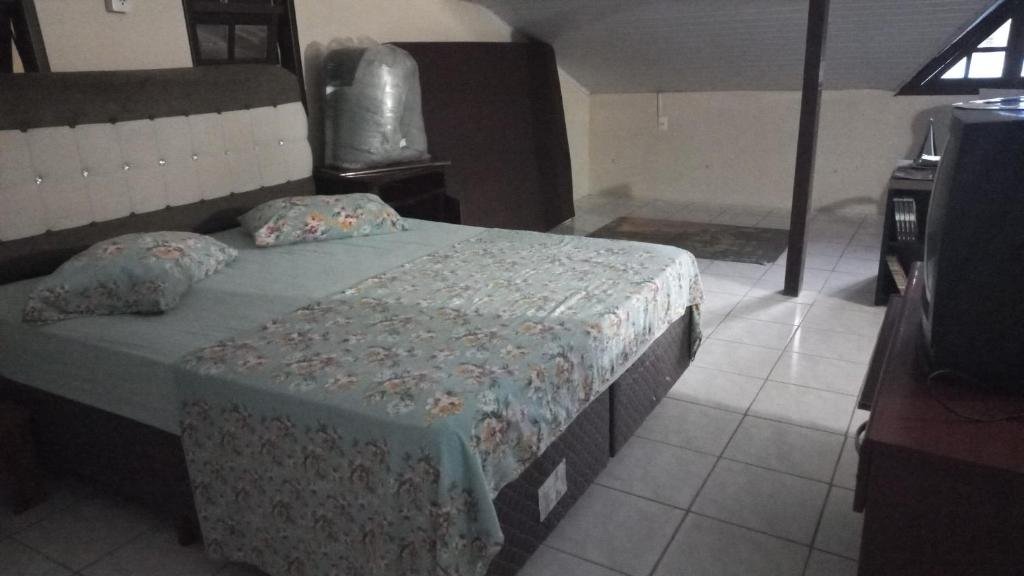 邦比尼亚斯Recanto dos pássaros的一间卧室配有一张大床和枕头