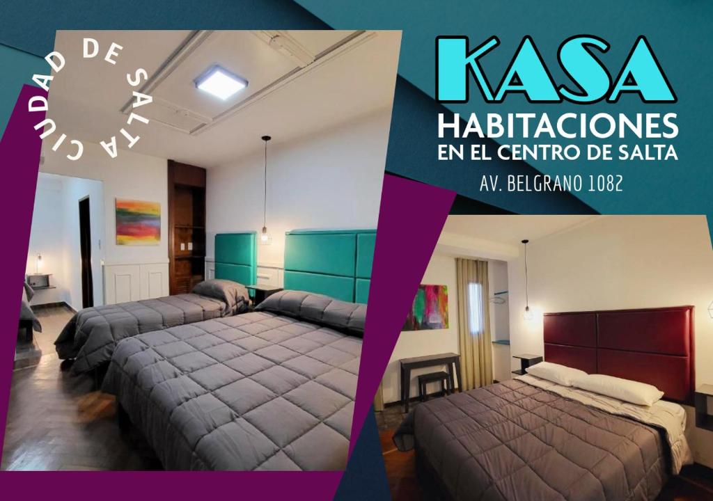 萨尔塔Salta Avenida Belgrano Habitaciones Alojamiento Familiar的一间设有三张床的房间和一个写有kasahabitations en el的标志