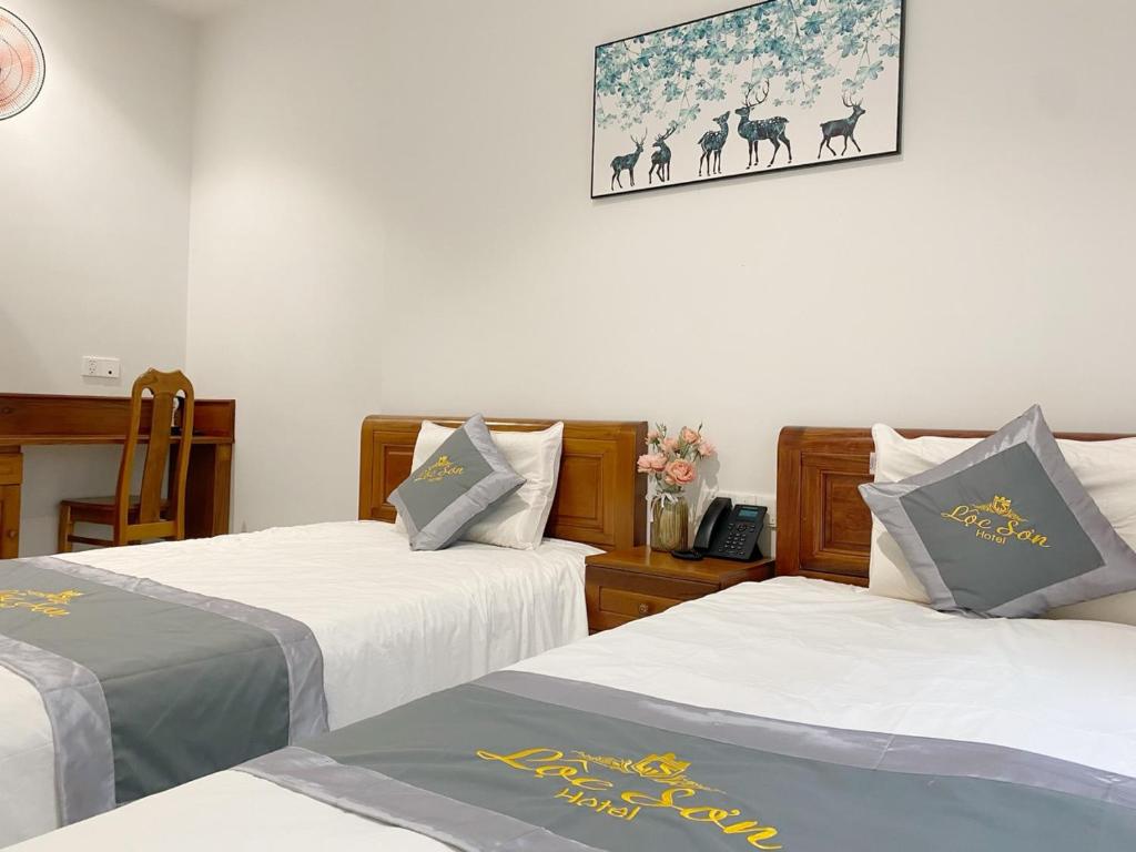 邦美蜀Lộc Sơn Hotel的一间设有两张床的客房,墙上挂着一张照片