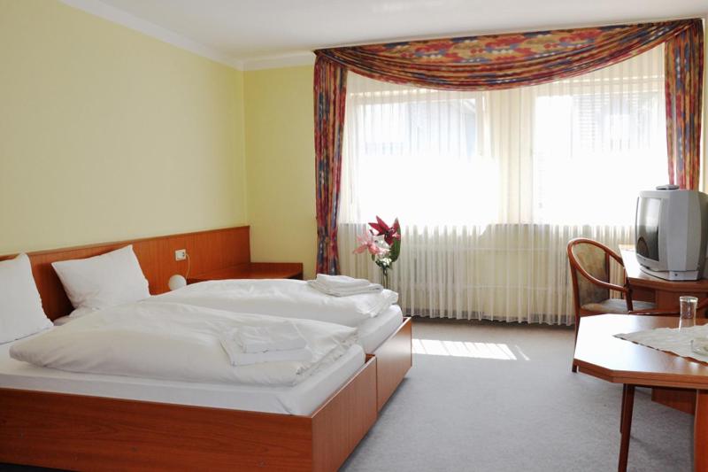 Kirchhain黑森州霍夫酒店的一间卧室配有一张床、一张书桌和一台电视。