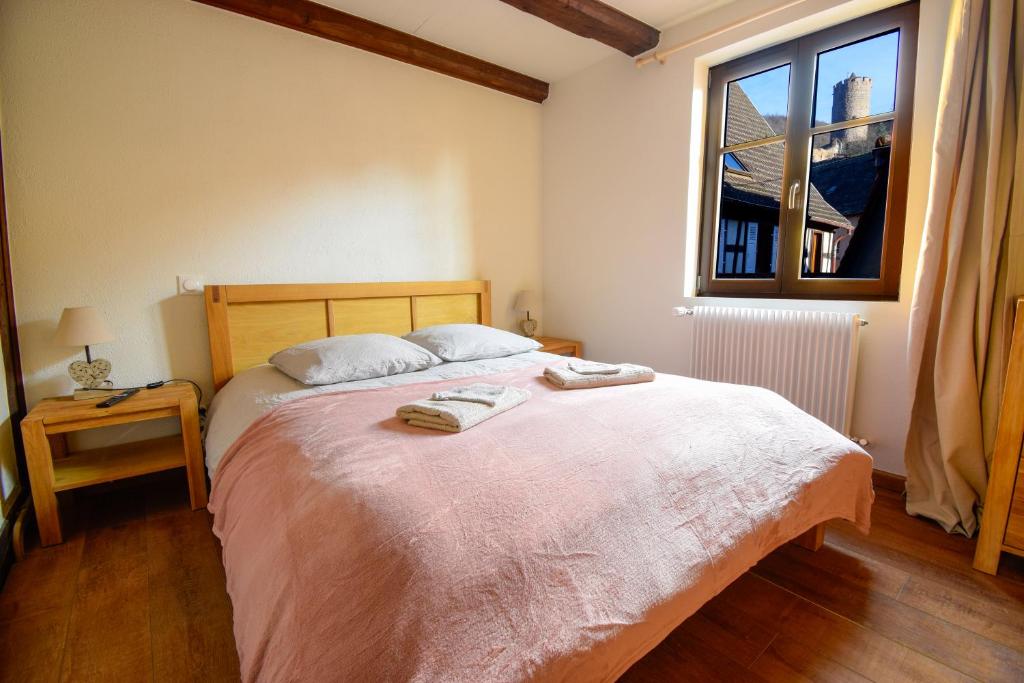 凯泽贝尔Duplex en ville vue château - Studio - Parking的一间卧室配有一张大床和两条毛巾