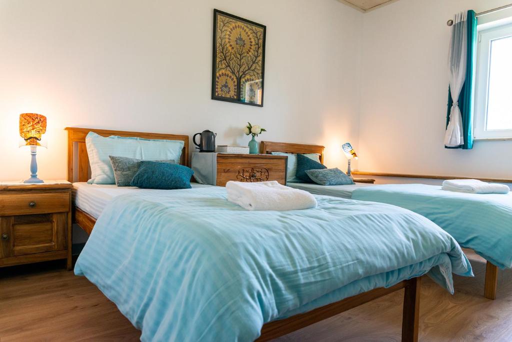 雄济耶Sanskriti的一间卧室配有两张蓝色床单