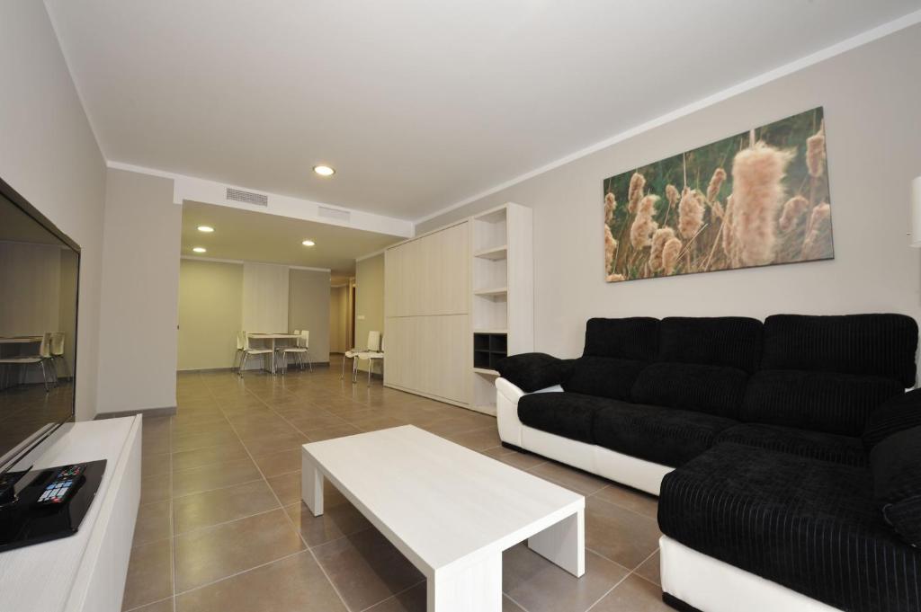 阿尔卡尼斯Aparthotel Meseguer的客厅配有沙发和桌子