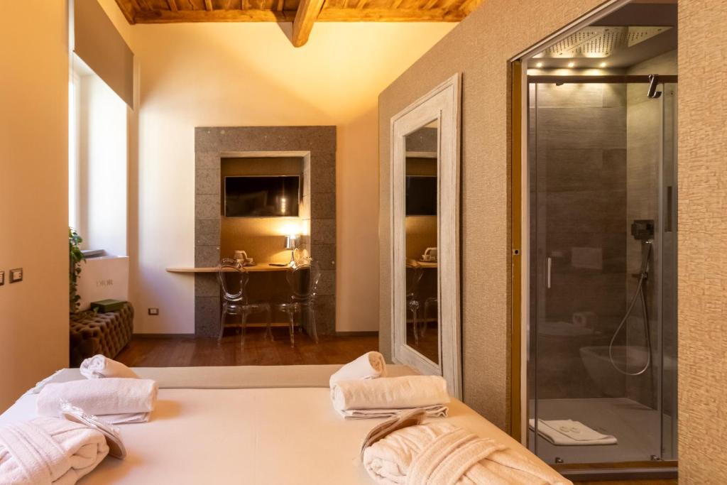 罗马Fontana di Trevi Roma Luxury Suite的带淋浴和毛巾的床的客房