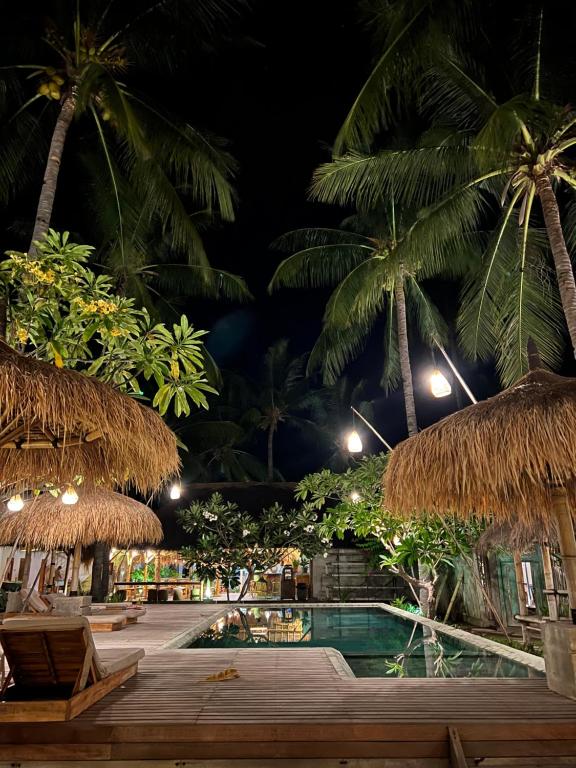 吉利阿尔吉利埃尔椰子旅舍的夜间带游泳池和棕榈树的度假村