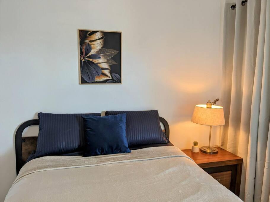 圣何塞德尔卡沃Estudio Bengala的一间卧室配有一张带蓝色枕头和灯的床