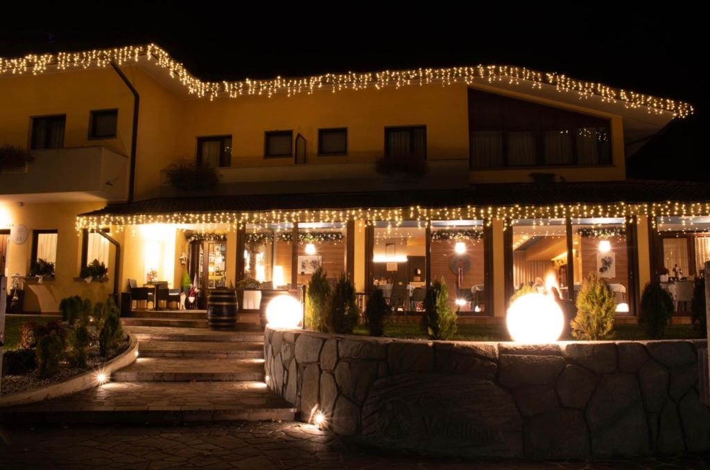 Montereale ValcellinaCasa Valcellina Hotel Ristorante的一座晚上用圣诞灯装饰的建筑