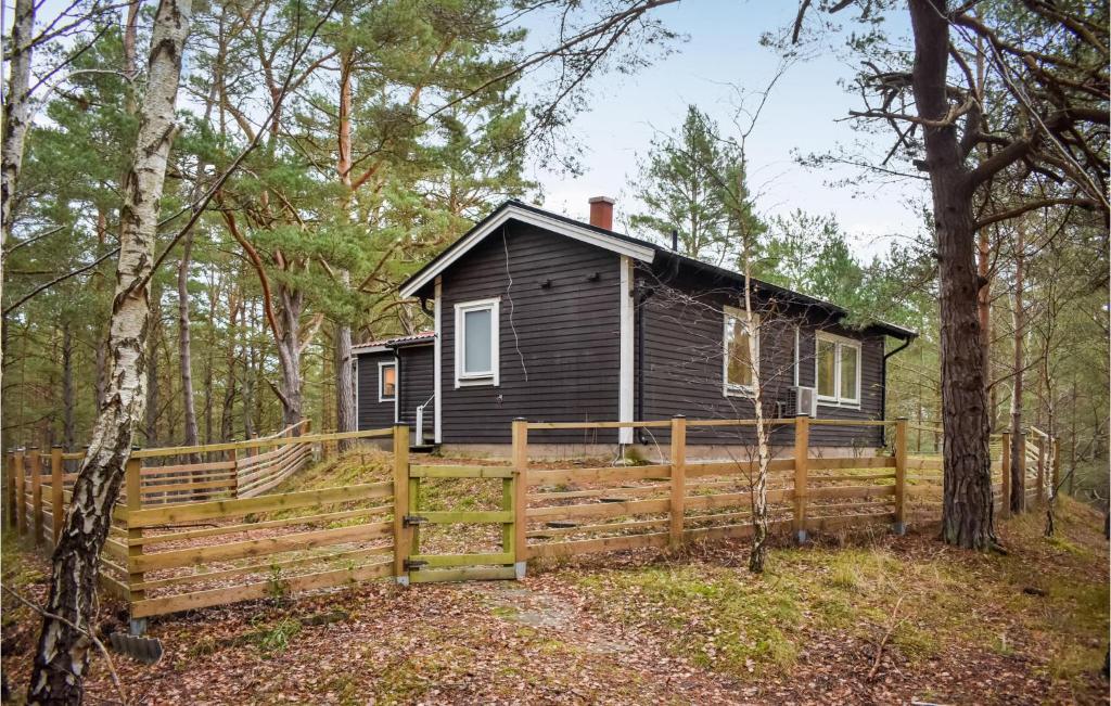 英斯约Awesome Home In Yngsj With House A Panoramic View的木栅栏林中的黑色小屋
