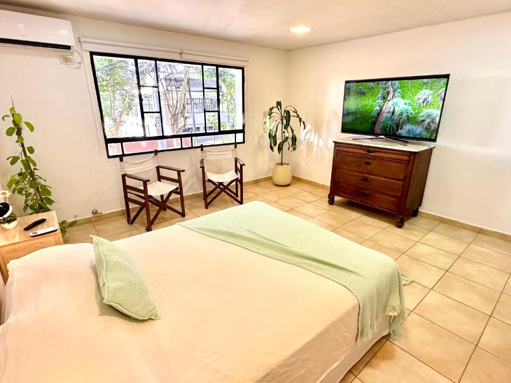 科隆Ingá Puerto Colón l的一间卧室配有一张床和一台平面电视