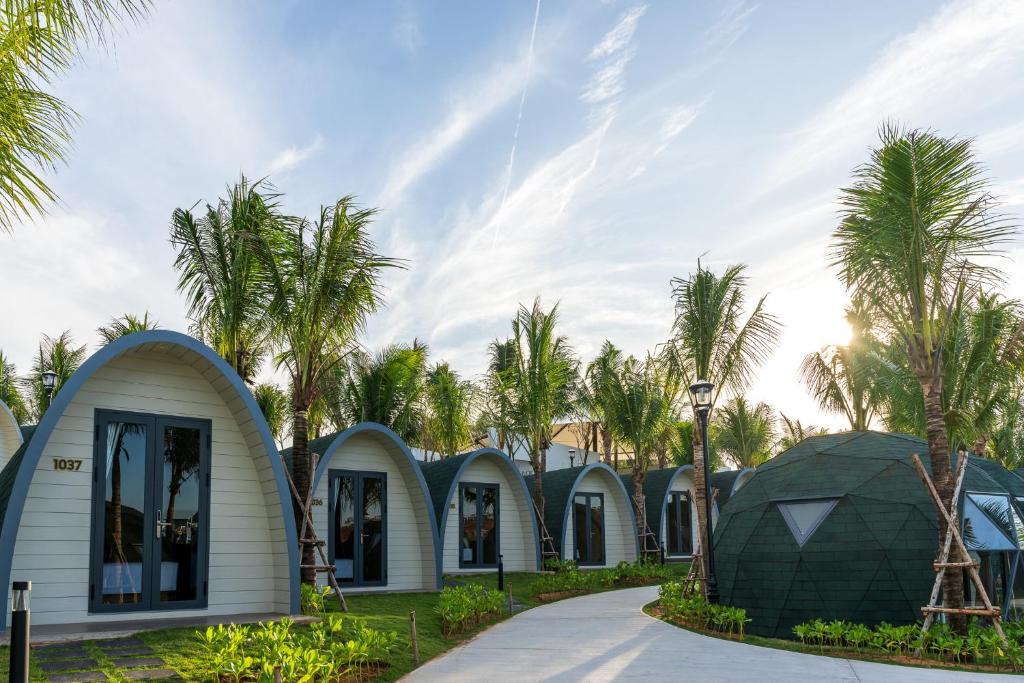 潘切Wonderland Resort Phan Thiet的一排棕榈树的圆顶房屋