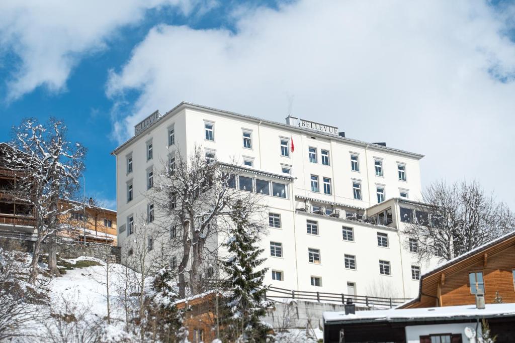 维森Boutique-Hotel Garni Bellevue Davos Wiesen的上面有旗帜的白色建筑