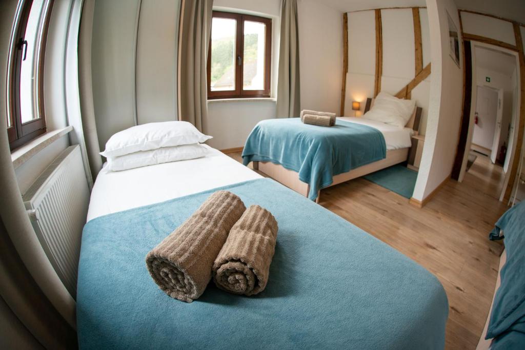 阿德瑙The Ring Inn的酒店客房 - 带两张床和床上的毛巾
