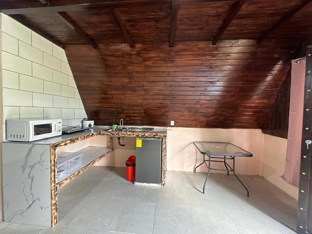 San RafaelBungalows Tenorio Montand Lodge的一间带桌子和微波炉的小厨房