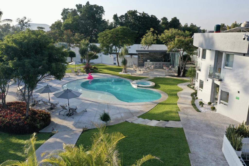 绍其德贝克Hotel Azomalli的享有庭院游泳池的顶部景色