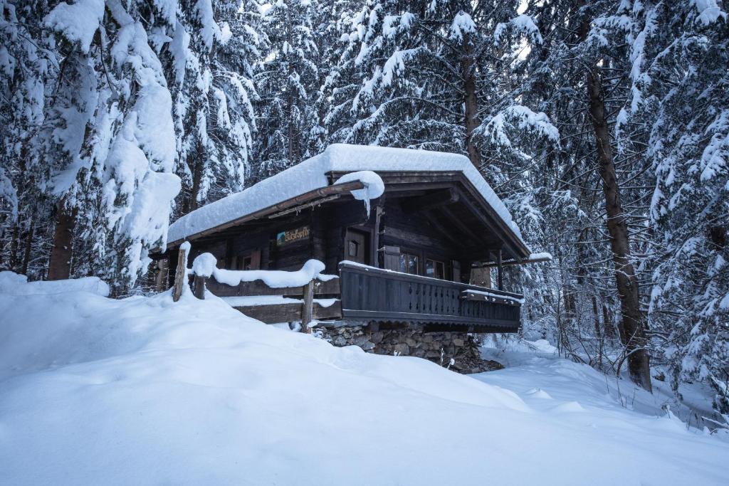 迈尔霍芬Kitzkopf Hütte的森林中被雪覆盖的小建筑