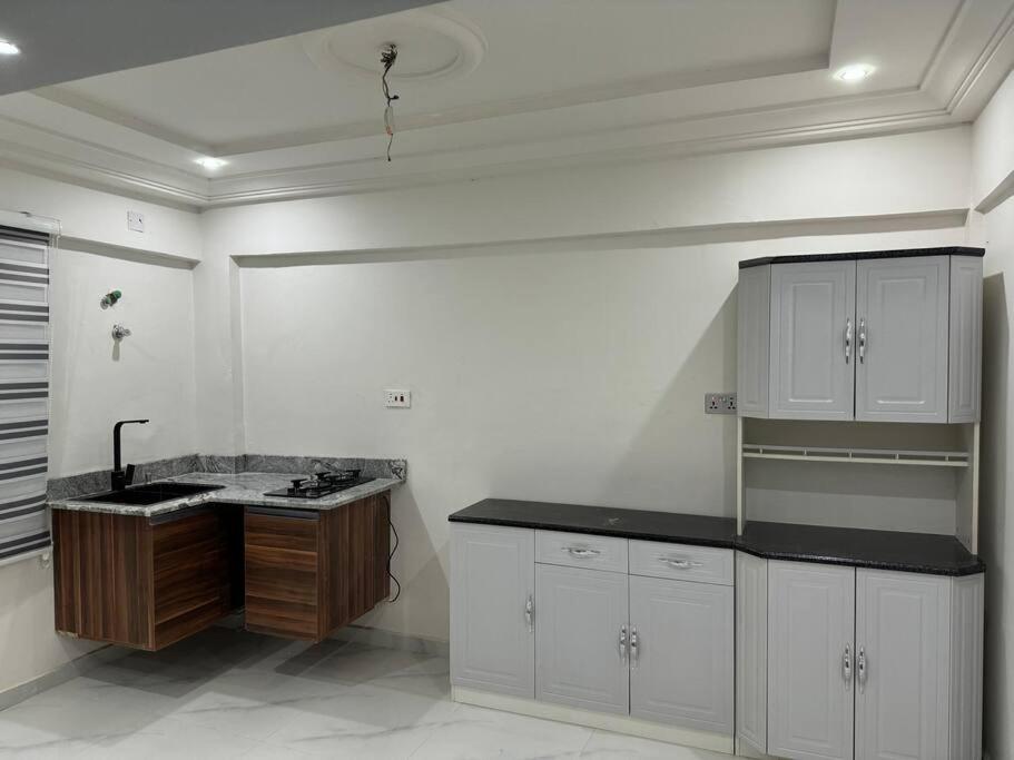 KwedonuWells Homes的厨房配有白色橱柜和黑色台面