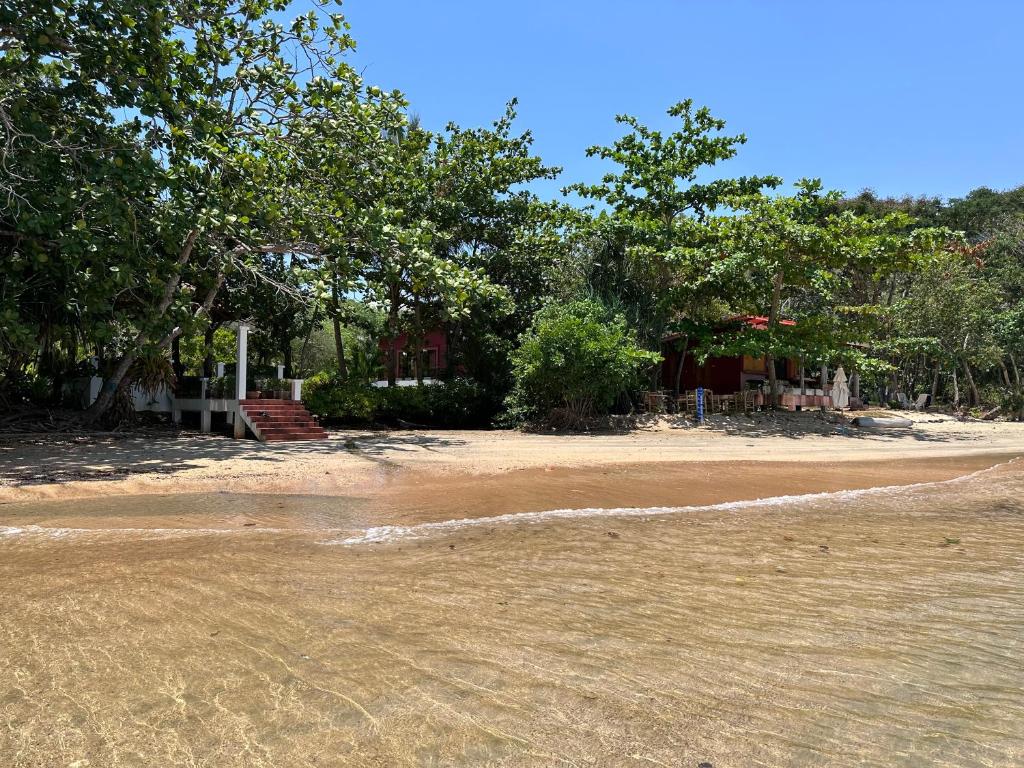 俊穆岛Piman Pu的一片种有树木的沙滩和一座房子