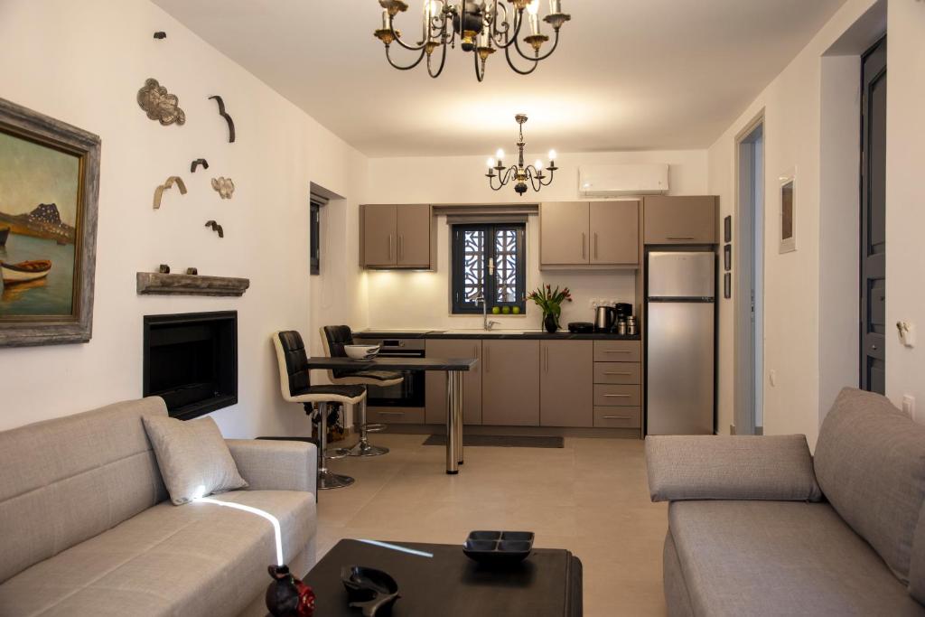 爱琴娜岛Simo's Apartments的带沙发的客厅和厨房