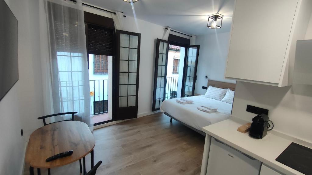科尔多瓦MiRa San Basilio的客房设有一张床和一间带窗户的厨房