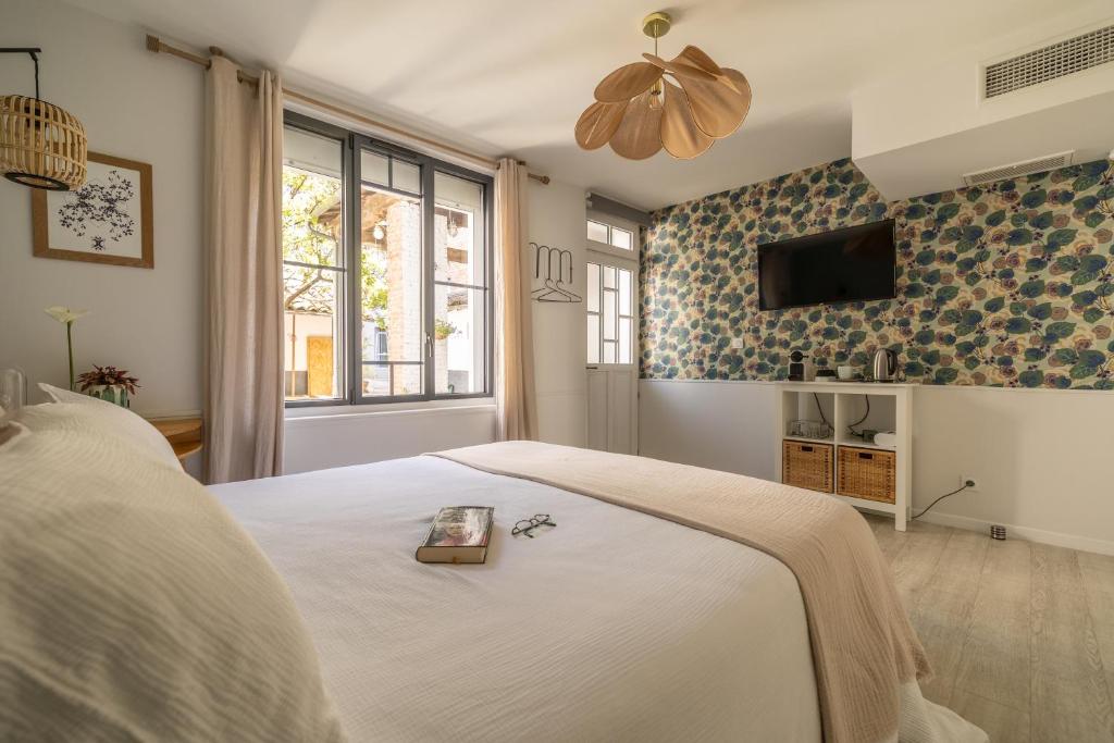 阿尔比B&B La Maison de Julia的卧室配有一张床,墙上配有电视。
