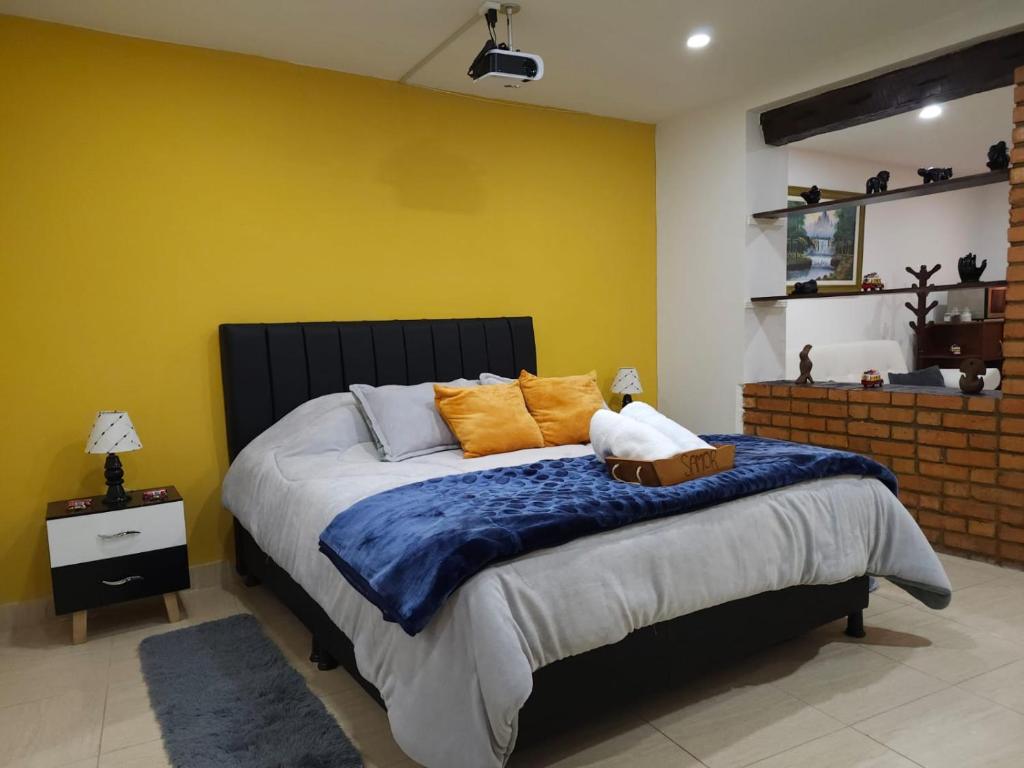 波哥大Samor centro histórico Bogota的一间卧室配有一张带蓝色毯子和橙色枕头的床。