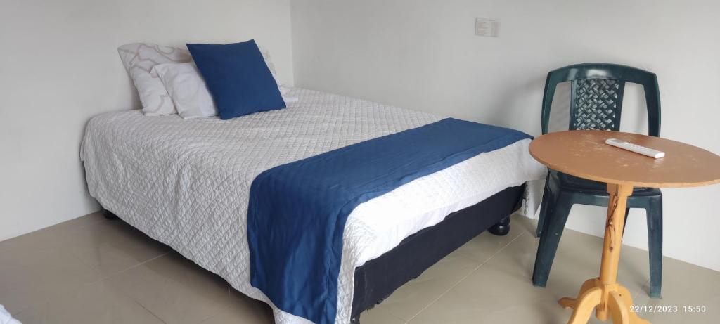 比亚米尔港HOSPEDAJE DELFIN AZUL的一间卧室配有一张带桌子和椅子的床