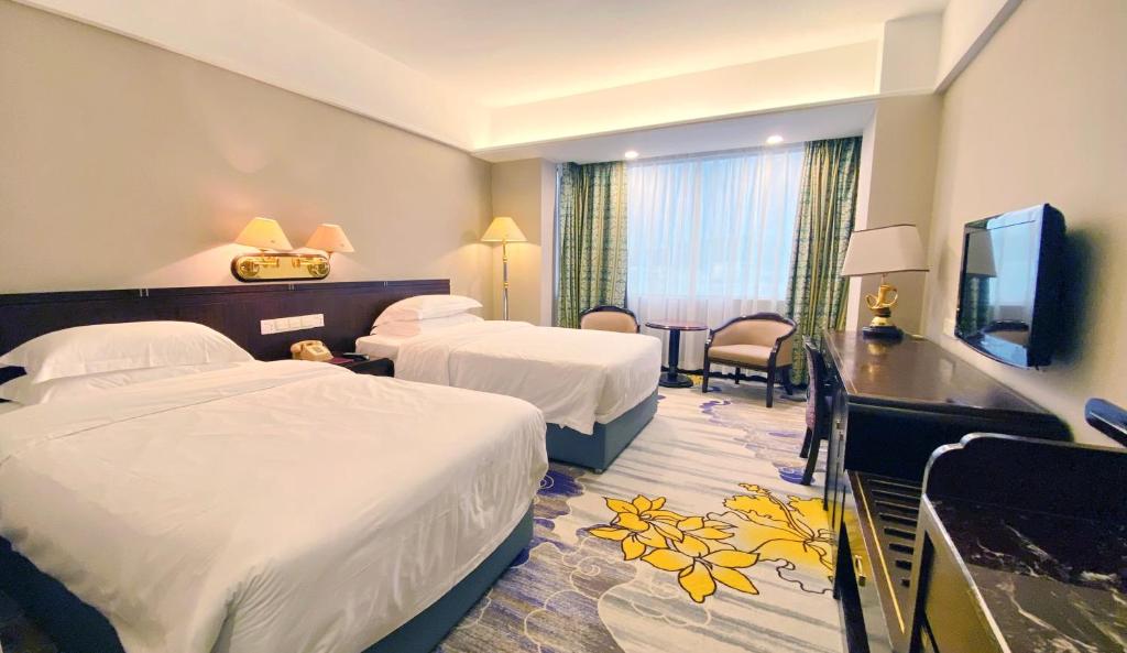 中山中山国际酒店的酒店客房设有两张床和电视。
