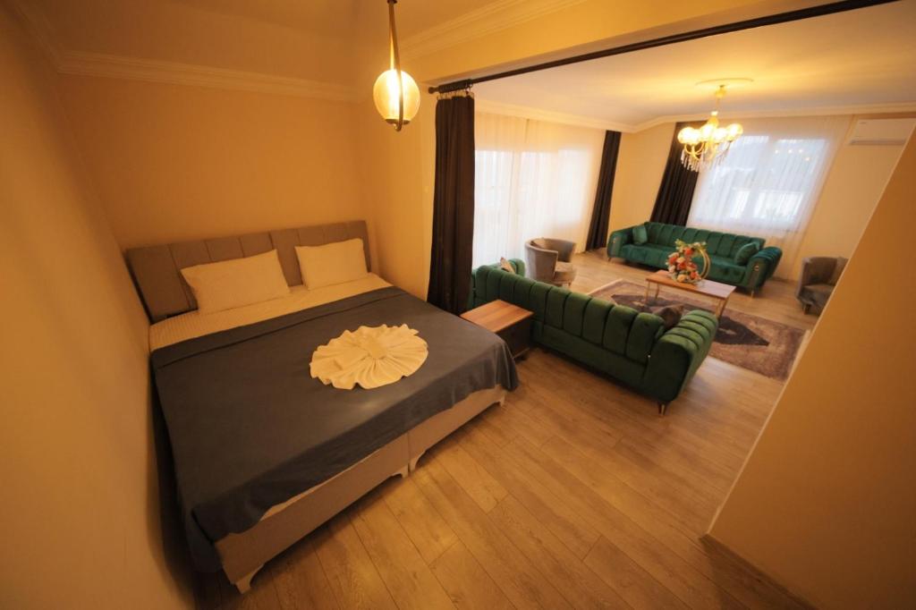 FatsaGREEN PEARL VİLLA的一间卧室设有一张床和一间客厅。