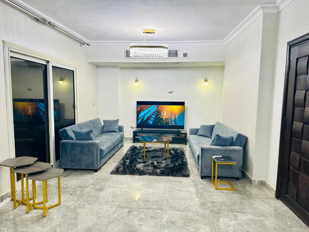 开罗Modern Comfy Flat的客厅配有2张沙发和1台平面电视